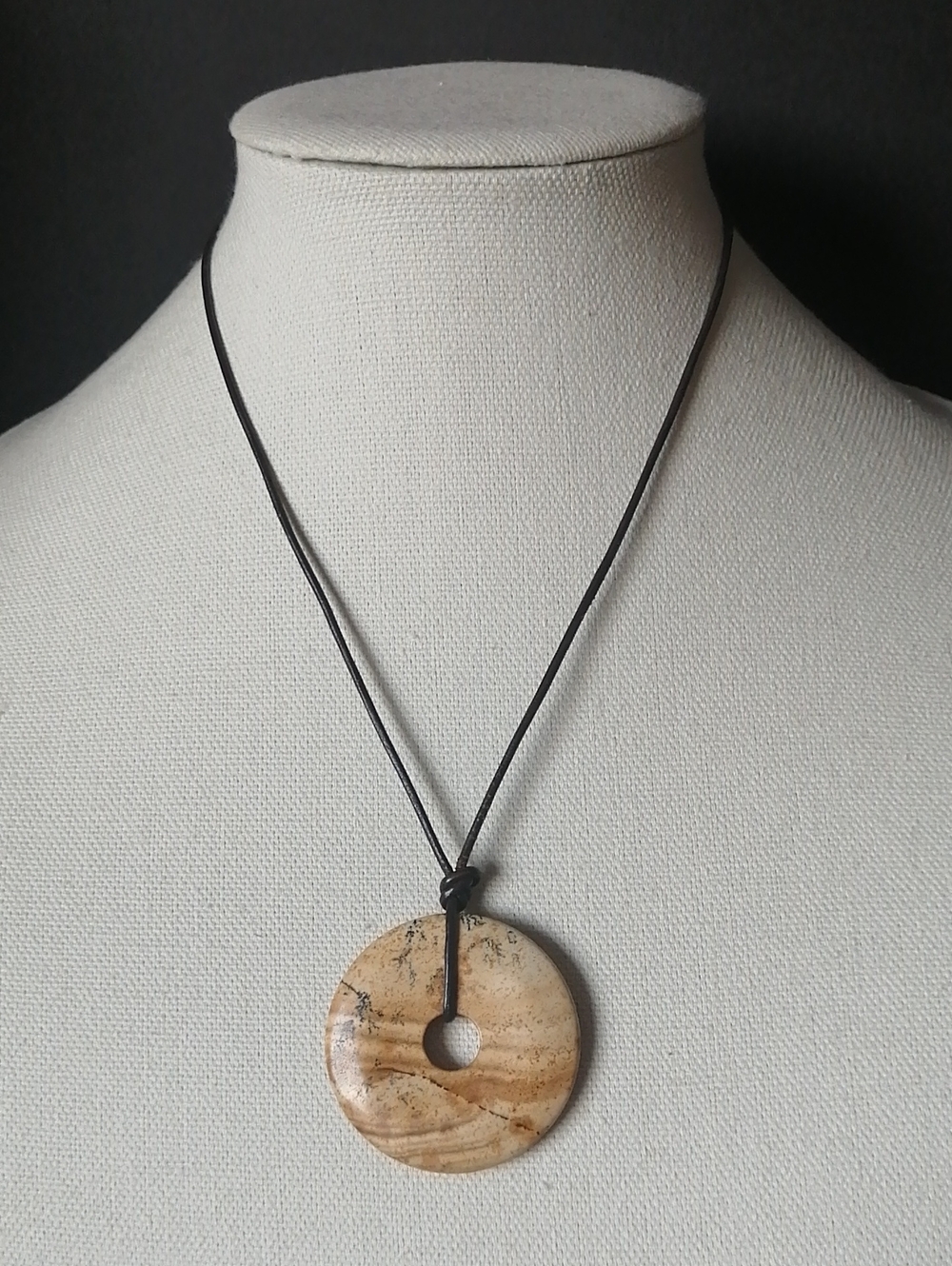 Jasper Donut Pendant on Brown Cord Necklace